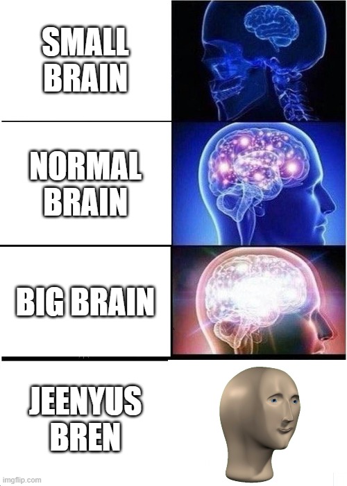 Expanding Brain Meme | SMALL BRAIN; NORMAL BRAIN; BIG BRAIN; JEENYUS BREN | image tagged in memes,expanding brain | made w/ Imgflip meme maker