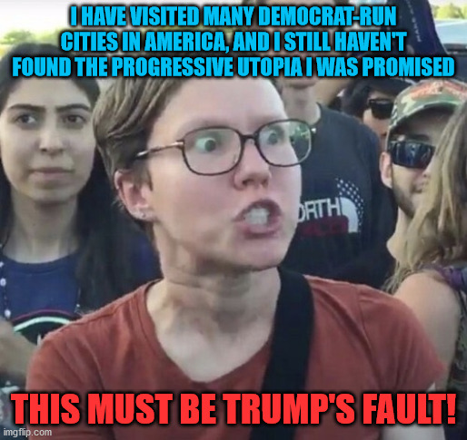 Triggered feminist | I HAVE VISITED MANY DEMOCRAT-RUN CITIES IN AMERICA, AND I STILL HAVEN'T FOUND THE PROGRESSIVE UTOPIA I WAS PROMISED; THIS MUST BE TRUMP'S FAULT! | image tagged in leftist,progressive,democrat,city,trump | made w/ Imgflip meme maker