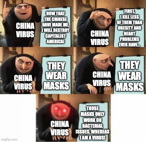 Gru's plan (red eyes edition) | FIRST,
I KILL LESS
OF THEM THAN
OBESITY AND
HEART
PROBLEMS
EVER HAVE... NOW THAT
THE CHINESE
HAVE MADE ME,
I WILL DESTROY
CAPITALIST
AMERICA! CHINA
VIRUS; CHINA
VIRUS; THEY
WEAR
MASKS; THEY
WEAR
MASKS; CHINA
VIRUS; CHINA
VIRUS; THOSE
MASKS ONLY
WORK ON
BACTERIAL
ISSUES, WHEREAS
I AM A VIRUS! CHINA
VIRUS | image tagged in gru's plan red eyes edition,covid-19,coronavirus,wear a mask,masks,china virus | made w/ Imgflip meme maker