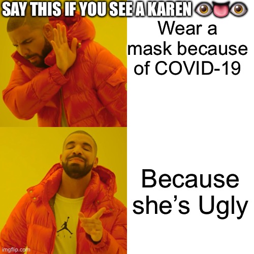 Say thing and roast the h*ll out of her | SAY THIS IF YOU SEE A KAREN 👁👅👁; Wear a mask because of COVID-19; Because she’s Ugly | image tagged in memes,drake hotline bling,coronavirus,karen,roast | made w/ Imgflip meme maker