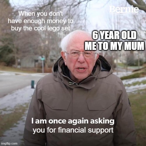 Bernie I Am Once Again Asking For Your Support | When you don't have enough money to buy the cool lego set; 6 YEAR OLD ME TO MY MUM; you for financial support | image tagged in memes,bernie i am once again asking for your support | made w/ Imgflip meme maker