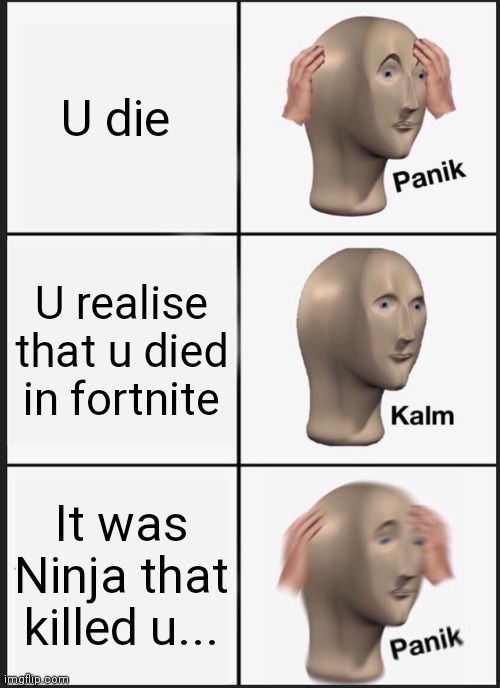 Lockdown life | U die; U realise that u died in fortnite; It was Ninja that killed u... | image tagged in memes,panik kalm panik | made w/ Imgflip meme maker