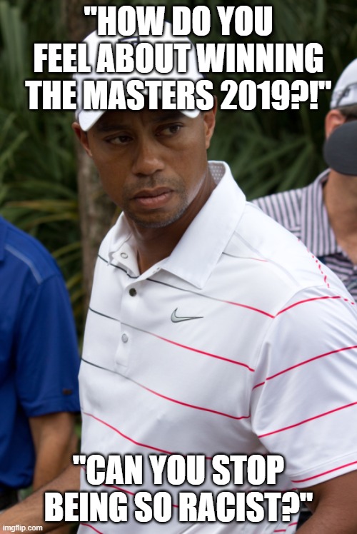 2020 : Everything Racist | "HOW DO YOU FEEL ABOUT WINNING THE MASTERS 2019?!"; "CAN YOU STOP BEING SO RACIST?" | image tagged in tiger woods | made w/ Imgflip meme maker