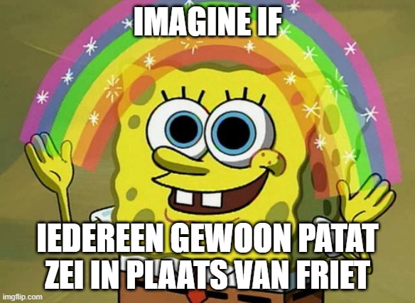 Imagination Spongebob Meme | IMAGINE IF; IEDEREEN GEWOON PATAT ZEI IN PLAATS VAN FRIET | image tagged in memes,imagination spongebob | made w/ Imgflip meme maker