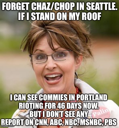 It is worse than before! | FORGET CHAZ/CHOP IN SEATTLE.
IF I STAND ON MY ROOF; I CAN SEE COMMIES IN PORTLAND
RIOTING FOR 46 DAYS NOW.
BUT I DON’T SEE ANY REPORT ON CNN, ABC, NBC, MSNBC, PBS | image tagged in sarah palin,commies,portland,no news,46 days | made w/ Imgflip meme maker