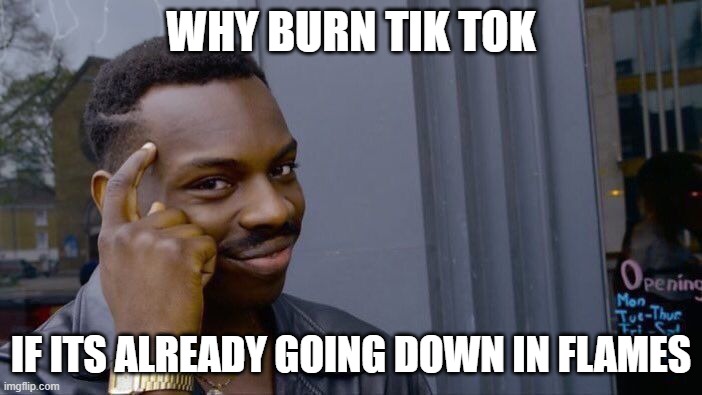 Roll Safe Think About It | WHY BURN TIK TOK; IF ITS ALREADY GOING DOWN IN FLAMES | image tagged in memes,roll safe think about it | made w/ Imgflip meme maker