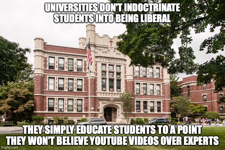 indoctrination | UNIVERSITIES DON'T INDOCTRINATE STUDENTS INTO BEING LIBERAL; THEY SIMPLY EDUCATE STUDENTS TO A POINT THEY WON'T BELIEVE YOUTUBE VIDEOS OVER EXPERTS | image tagged in politics,education,liberal,conservatives,liberal vs conservative,conspiracy theories | made w/ Imgflip meme maker