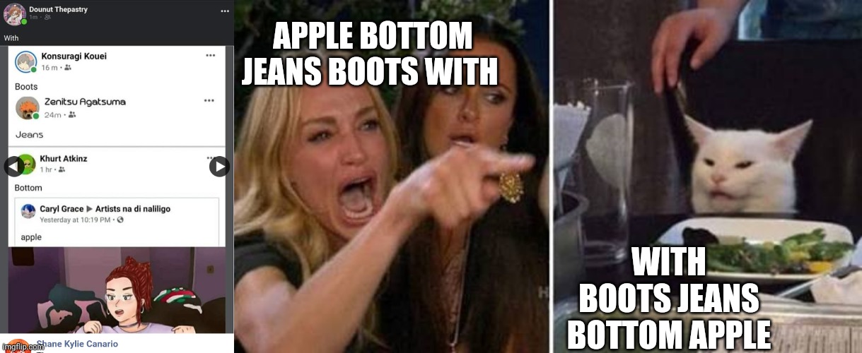 My first meme | APPLE BOTTOM JEANS BOOTS WITH; WITH BOOTS JEANS BOTTOM APPLE | image tagged in memes | made w/ Imgflip meme maker