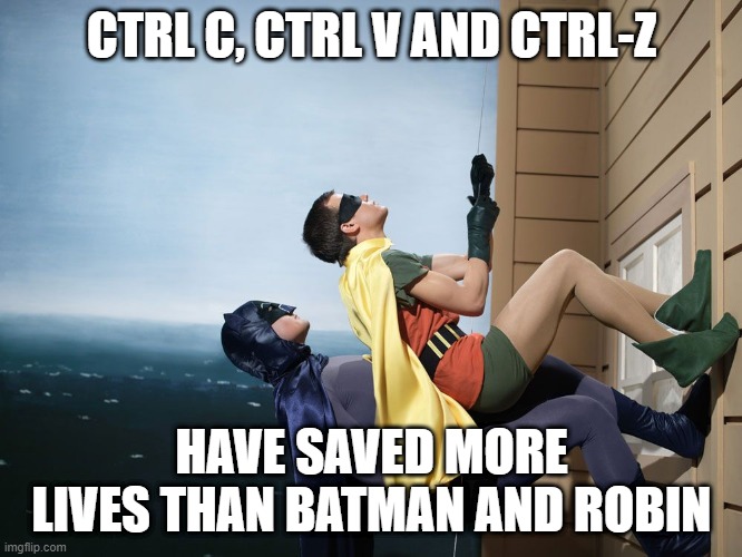 computer | CTRL C, CTRL V AND CTRL-Z; HAVE SAVED MORE LIVES THAN BATMAN AND ROBIN | image tagged in batman and robin climbing a building | made w/ Imgflip meme maker