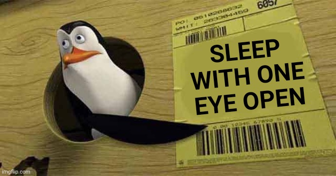 Don't mess with the penguin |  SLEEP WITH ONE EYE OPEN | image tagged in penguin pointing at sign | made w/ Imgflip meme maker