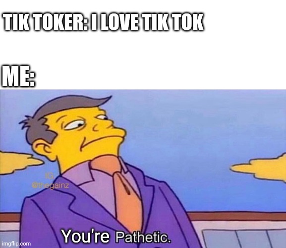 Pathetic | TIK TOKER: I LOVE TIK TOK; ME:; You're | image tagged in pathetic | made w/ Imgflip meme maker