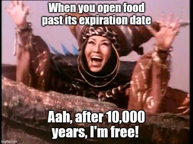 Rita Repulsa meme | When you open food past its expiration date; Aah, after 10,000 years, I'm free! | image tagged in rita repulsa | made w/ Imgflip meme maker