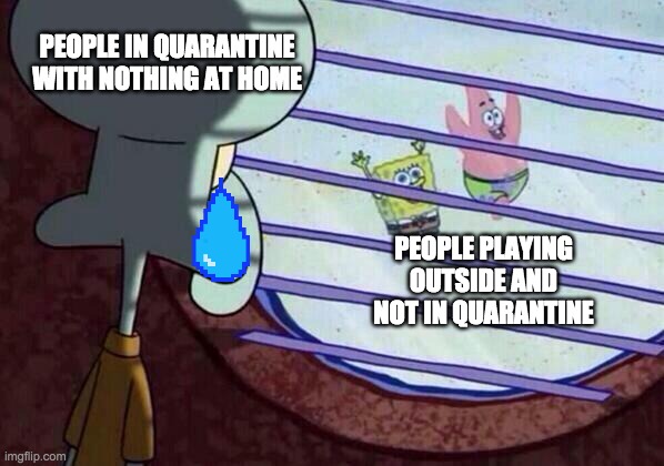 Squidward window | PEOPLE IN QUARANTINE WITH NOTHING AT HOME; PEOPLE PLAYING OUTSIDE AND NOT IN QUARANTINE | image tagged in squidward window | made w/ Imgflip meme maker