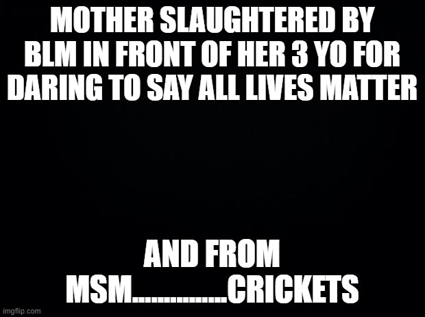 Black background | MOTHER SLAUGHTERED BY BLM IN FRONT OF HER 3 YO FOR DARING TO SAY ALL LIVES MATTER; AND FROM MSM...............CRICKETS | image tagged in black background | made w/ Imgflip meme maker