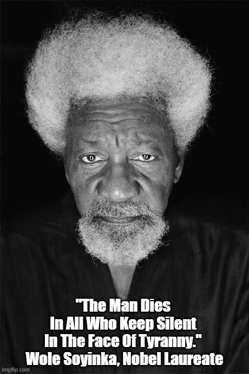  "The Man Dies 
In All Who Keep Silent 
In The Face Of Tyranny." 
Wole Soyinka, Nobel Laureate | made w/ Imgflip meme maker