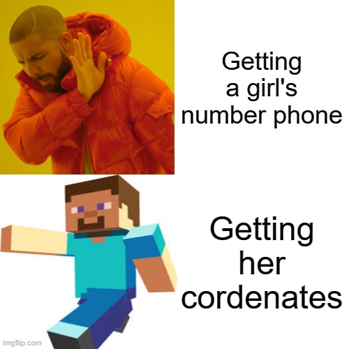 Idk | Getting a girl's number phone; Getting her cordenates | image tagged in drake hotline bling,minecraft,gaming | made w/ Imgflip meme maker