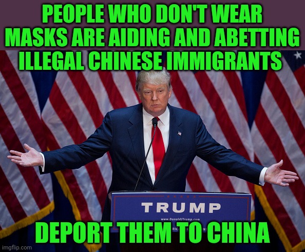 Donald Trump | PEOPLE WHO DON'T WEAR MASKS ARE AIDING AND ABETTING ILLEGAL CHINESE IMMIGRANTS DEPORT THEM TO CHINA | image tagged in donald trump | made w/ Imgflip meme maker