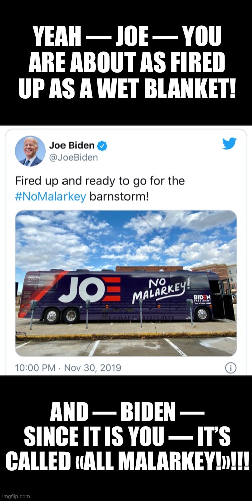 JOE BIDEN — ROARING TO GO — INTO HIS BASEMENT. | YEAH — JOE — YOU ARE ABOUT AS FIRED UP AS A WET BLANKET! AND — BIDEN — SINCE IT IS YOU — IT’S CALLED «ALL MALARKEY!»!!! | image tagged in joe biden,biden,creepy joe biden,election 2020,creepy guy,corrupt | made w/ Imgflip meme maker