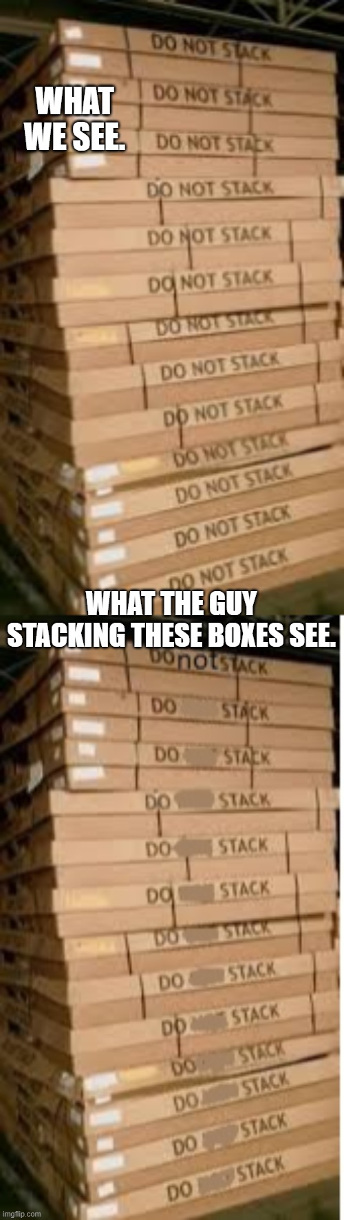 I think that guy was blind or some thing. : / | WHAT WE SEE. WHAT THE GUY STACKING THESE BOXES SEE. | image tagged in you had one job,do not stack,why | made w/ Imgflip meme maker