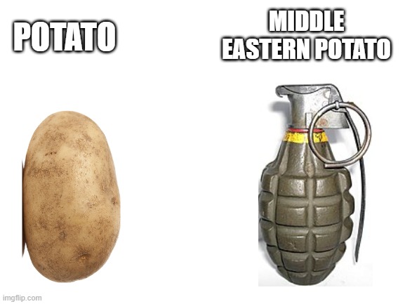 middle eastern potato | MIDDLE EASTERN POTATO; POTATO | image tagged in blank white template,midde east,grenade,potato | made w/ Imgflip meme maker