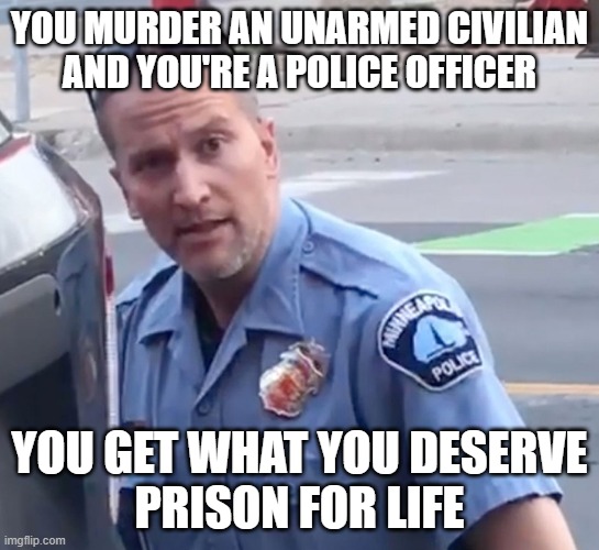 YOU MURDER AN UNARMED CIVILIAN AND YOU'RE A POLICE OFFICER YOU GET WHAT YOU DESERVE
PRISON FOR LIFE | made w/ Imgflip meme maker
