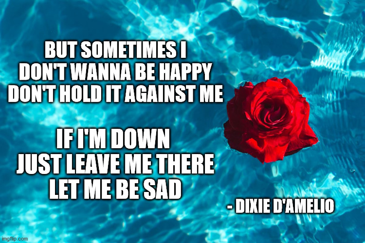 Sometimes I don't wanna be happy | BUT SOMETIMES I DON'T WANNA BE HAPPY
DON'T HOLD IT AGAINST ME; IF I'M DOWN 
JUST LEAVE ME THERE
LET ME BE SAD; - DIXIE D'AMELIO | image tagged in song,song lyric,dixie,dixie d'amelio,sad,don't hold it against me | made w/ Imgflip meme maker
