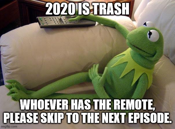 2020 is trash | 2020 IS TRASH; WHOEVER HAS THE REMOTE, PLEASE SKIP TO THE NEXT EPISODE. | image tagged in kermit on couch with remote | made w/ Imgflip meme maker