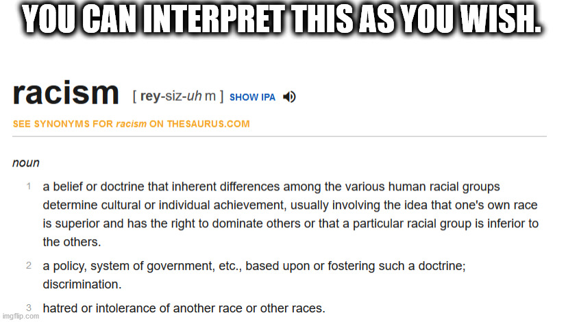 As you wish. | YOU CAN INTERPRET THIS AS YOU WISH. | image tagged in racism | made w/ Imgflip meme maker