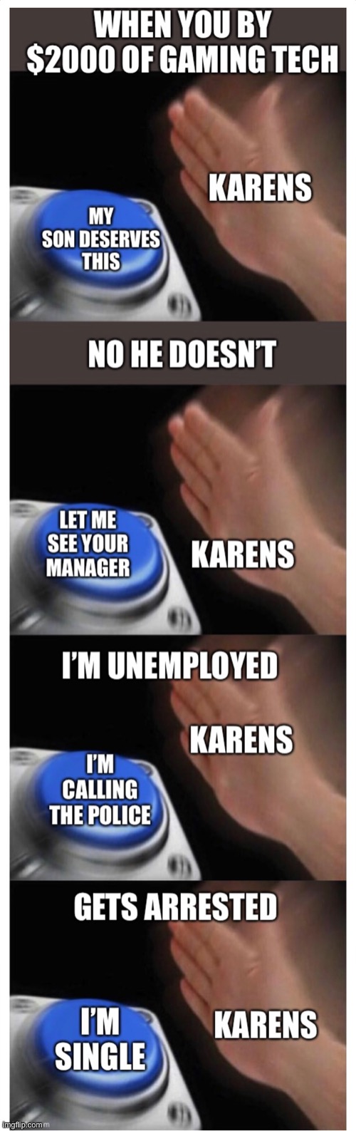 image tagged in karen,blank nut button,the truth | made w/ Imgflip meme maker