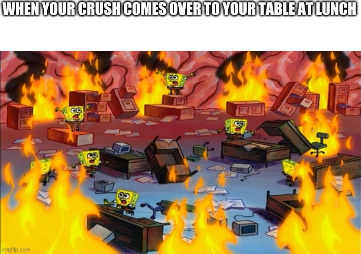 Spongebobs panicking | WHEN YOUR CRUSH COMES OVER TO YOUR TABLE AT LUNCH | image tagged in spongebobs panicking | made w/ Imgflip meme maker