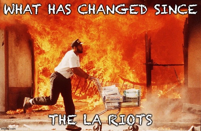 LA riots | WHAT HAS CHANGED SINCE; THE LA RIOTS | image tagged in riots | made w/ Imgflip meme maker