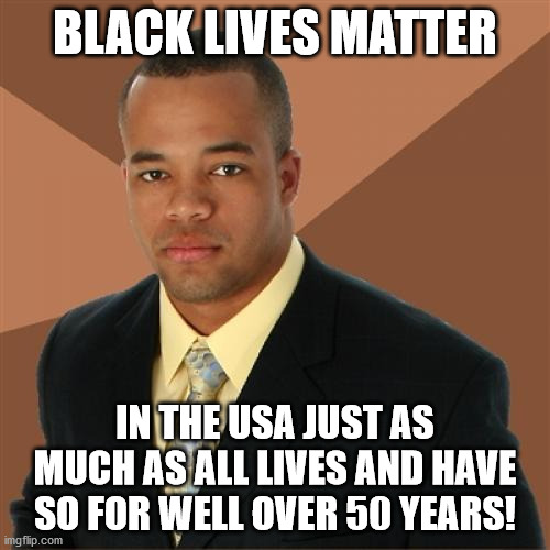 Except to Democrats, then they are valued only for their votes not their individuality... | BLACK LIVES MATTER; IN THE USA JUST AS MUCH AS ALL LIVES AND HAVE SO FOR WELL OVER 50 YEARS! | image tagged in memes,successful black man,black lives matter,blm,democrats | made w/ Imgflip meme maker