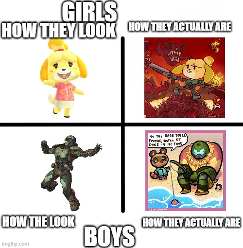 The great difference of girls and bois | GIRLS; HOW THEY LOOK; HOW THEY ACTUALLY ARE; BOYS; HOW THE LOOK; HOW THEY ACTUALLY ARE | image tagged in memes,animal crossing,doomguy,boys vs girls | made w/ Imgflip meme maker