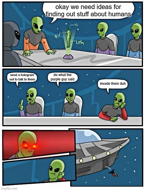 Alien Meeting Suggestion Meme | okay we need ideas for finding out stuff about humans; do what the purple guy said; send a hologram out to talk to them; invade them duh | image tagged in memes,alien meeting suggestion | made w/ Imgflip meme maker