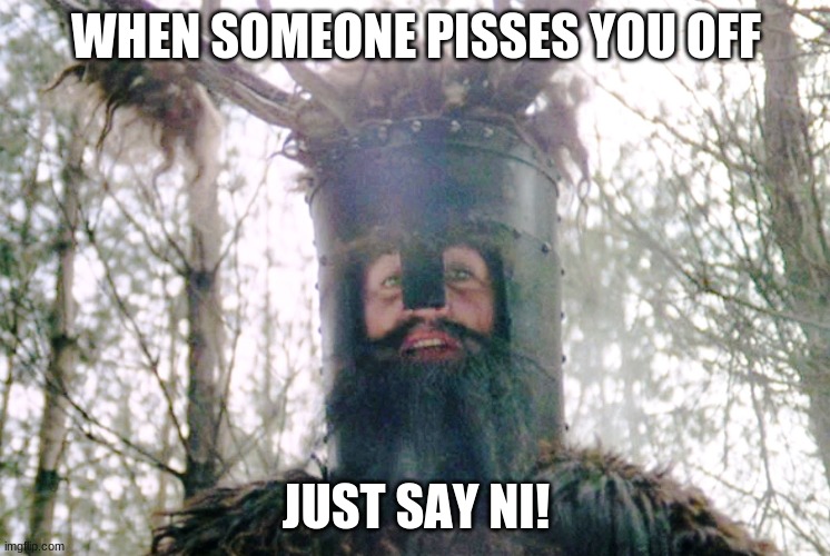 JUST SAY NI!!! | WHEN SOMEONE PISSES YOU OFF; JUST SAY NI! | image tagged in knights who say ni,memes,monty python and the holy grail,monty python | made w/ Imgflip meme maker
