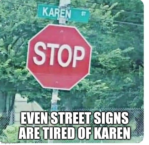 Stop karen! | EVEN STREET SIGNS ARE TIRED OF KAREN | image tagged in karen,stop sign | made w/ Imgflip meme maker