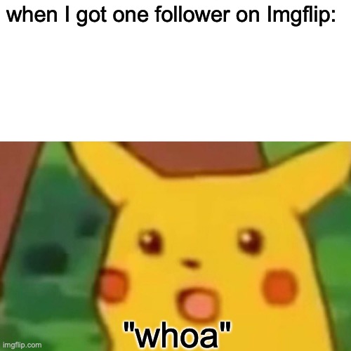 Surprised Pikachu | when I got one follower on Imgflip:; "whoa" | image tagged in memes,surprised pikachu | made w/ Imgflip meme maker