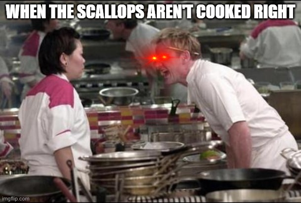Angry Chef Gordon Ramsay | WHEN THE SCALLOPS AREN'T COOKED RIGHT | image tagged in memes,angry chef gordon ramsay | made w/ Imgflip meme maker