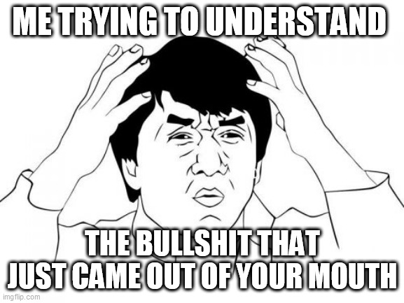 what you mean | ME TRYING TO UNDERSTAND; THE BULLSHIT THAT JUST CAME OUT OF YOUR MOUTH | image tagged in jackie chan wtf | made w/ Imgflip meme maker