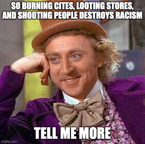 Creepy Condescending Wonka | SO BURNING CITES, LOOTING STORES, AND SHOOTING PEOPLE DESTROYS RACISM; TELL ME MORE | image tagged in memes,creepy condescending wonka | made w/ Imgflip meme maker