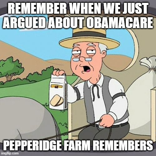 Pepperidge Farm Remembers | REMEMBER WHEN WE JUST ARGUED ABOUT OBAMACARE; PEPPERIDGE FARM REMEMBERS | image tagged in memes,pepperidge farm remembers | made w/ Imgflip meme maker