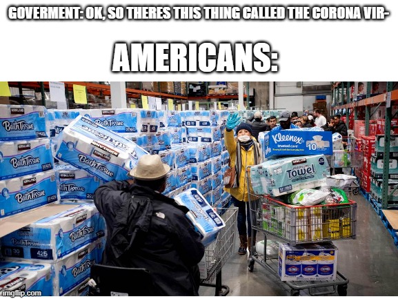 a little late | AMERICANS:; GOVERMENT: OK, SO THERES THIS THING CALLED THE CORONA VIR- | image tagged in toilet paper | made w/ Imgflip meme maker