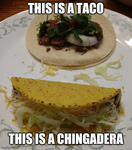 taco vs chingadera | THIS IS A TACO; THIS IS A CHINGADERA | image tagged in taco,chingadera,mexican,mexican word of the day,mexican food,mexican word | made w/ Imgflip meme maker