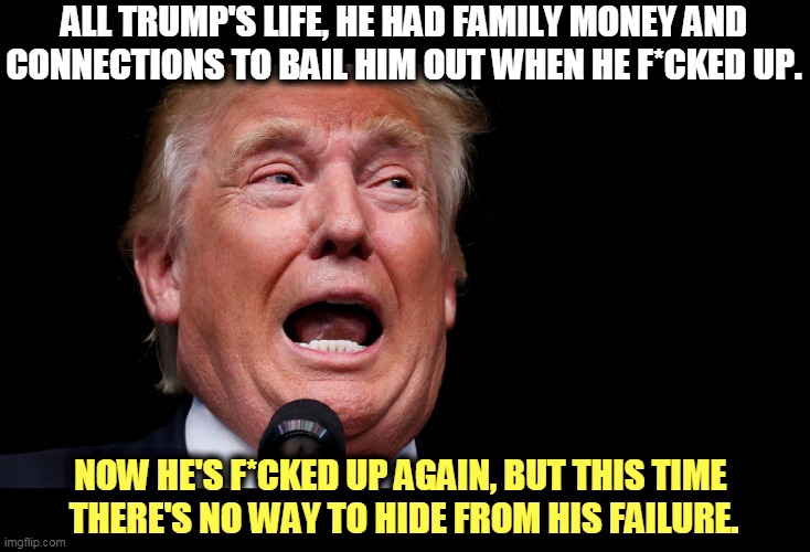 No political connections, no mob connections. This time there's no cushion for his failure. | ALL TRUMP'S LIFE, HE HAD FAMILY MONEY AND CONNECTIONS TO BAIL HIM OUT WHEN HE F*CKED UP. NOW HE'S F*CKED UP AGAIN, BUT THIS TIME 
THERE'S NO WAY TO HIDE FROM HIS FAILURE. | image tagged in trump empty hollow desperate,trump,incompetence,failure | made w/ Imgflip meme maker