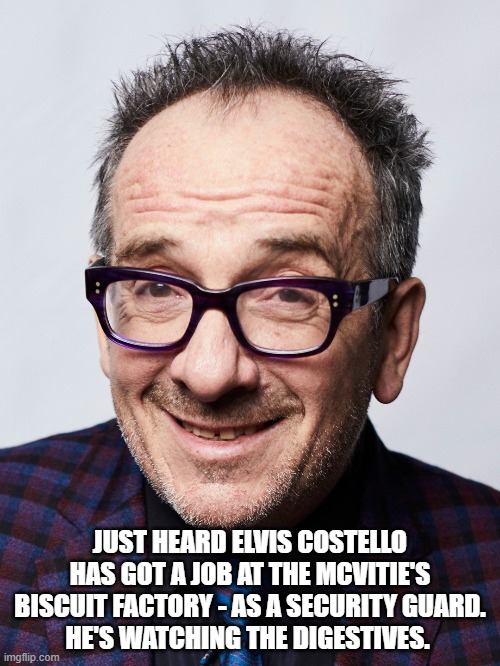 JUST HEARD ELVIS COSTELLO HAS GOT A JOB AT THE MCVITIE'S BISCUIT FACTORY - AS A SECURITY GUARD.
HE'S WATCHING THE DIGESTIVES. | image tagged in detectives | made w/ Imgflip meme maker
