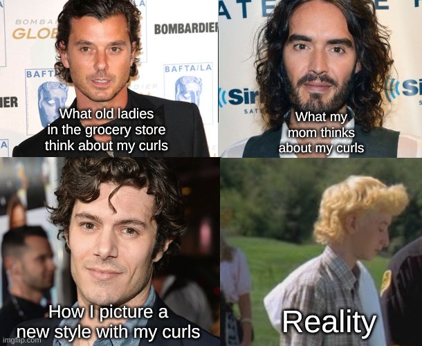 Curly Hair Reality | What old ladies in the grocery store think about my curls; What my mom thinks about my curls; Reality; How I picture a new style with my curls | image tagged in reality | made w/ Imgflip meme maker