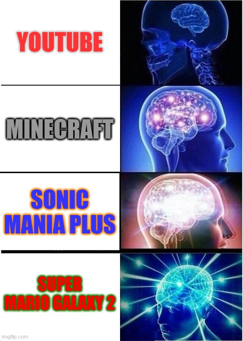 Expanding Brain | YOUTUBE; MINECRAFT; SONIC MANIA PLUS; SUPER MARIO GALAXY 2 | image tagged in memes,expanding brain | made w/ Imgflip meme maker