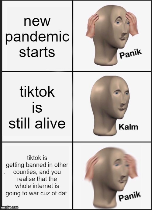 Panik Kalm Panik Meme | new pandemic starts; tiktok is still alive; tiktok is getting banned in other counties, and you realise that the whole internet is going to war cuz of dat. | image tagged in memes,panik kalm panik | made w/ Imgflip meme maker