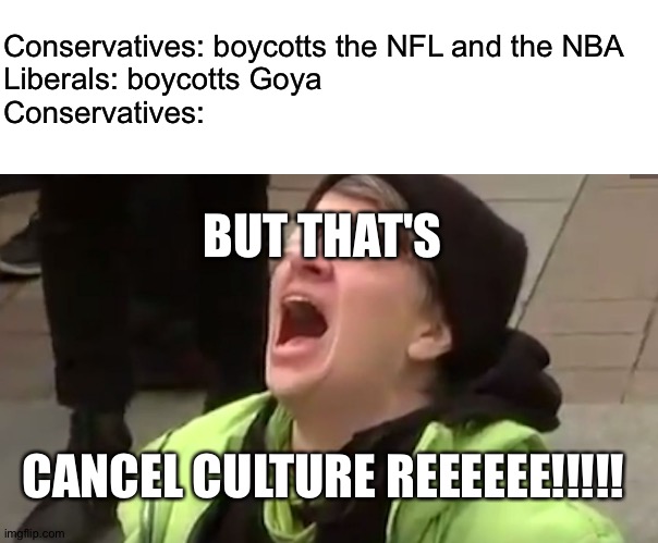 Boycotting either is cancel culture or it isn't. Pick one and stick with it. | Conservatives: boycotts the NFL and the NBA
Liberals: boycotts Goya
Conservatives:; BUT THAT'S; CANCEL CULTURE REEEEEE!!!!! | image tagged in screaming liberal,goya,cancel culture,boycott,free speech,conservative hypocrisy | made w/ Imgflip meme maker