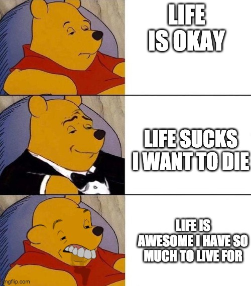 Best,Better, Blurst | LIFE IS OKAY; LIFE SUCKS I WANT TO DIE; LIFE IS AWESOME I HAVE SO MUCH TO LIVE FOR | image tagged in best better blurst | made w/ Imgflip meme maker